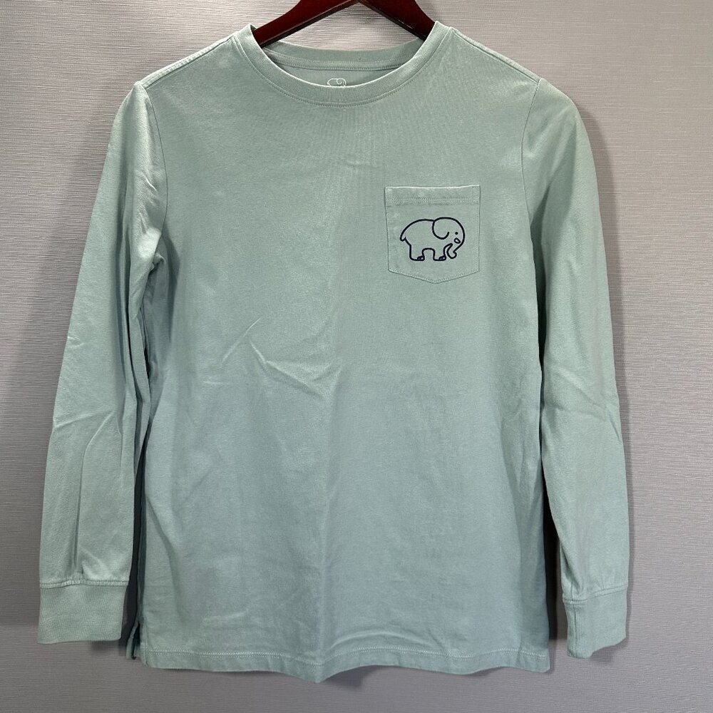Ivory Ella Top Womens XS Green Cotton Long Sleeve Pocket Graphic Tee Split Hem